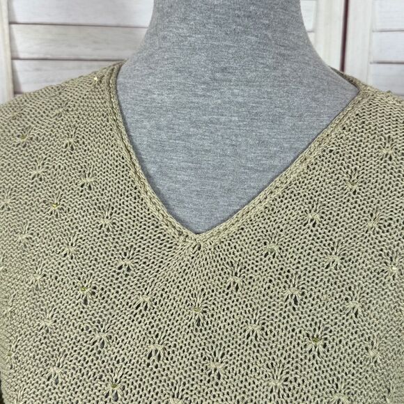 Vintage Petite Sophisticate Beaded Linen Blend V Neck Sweater Olive Medium - Picture 5 of 12